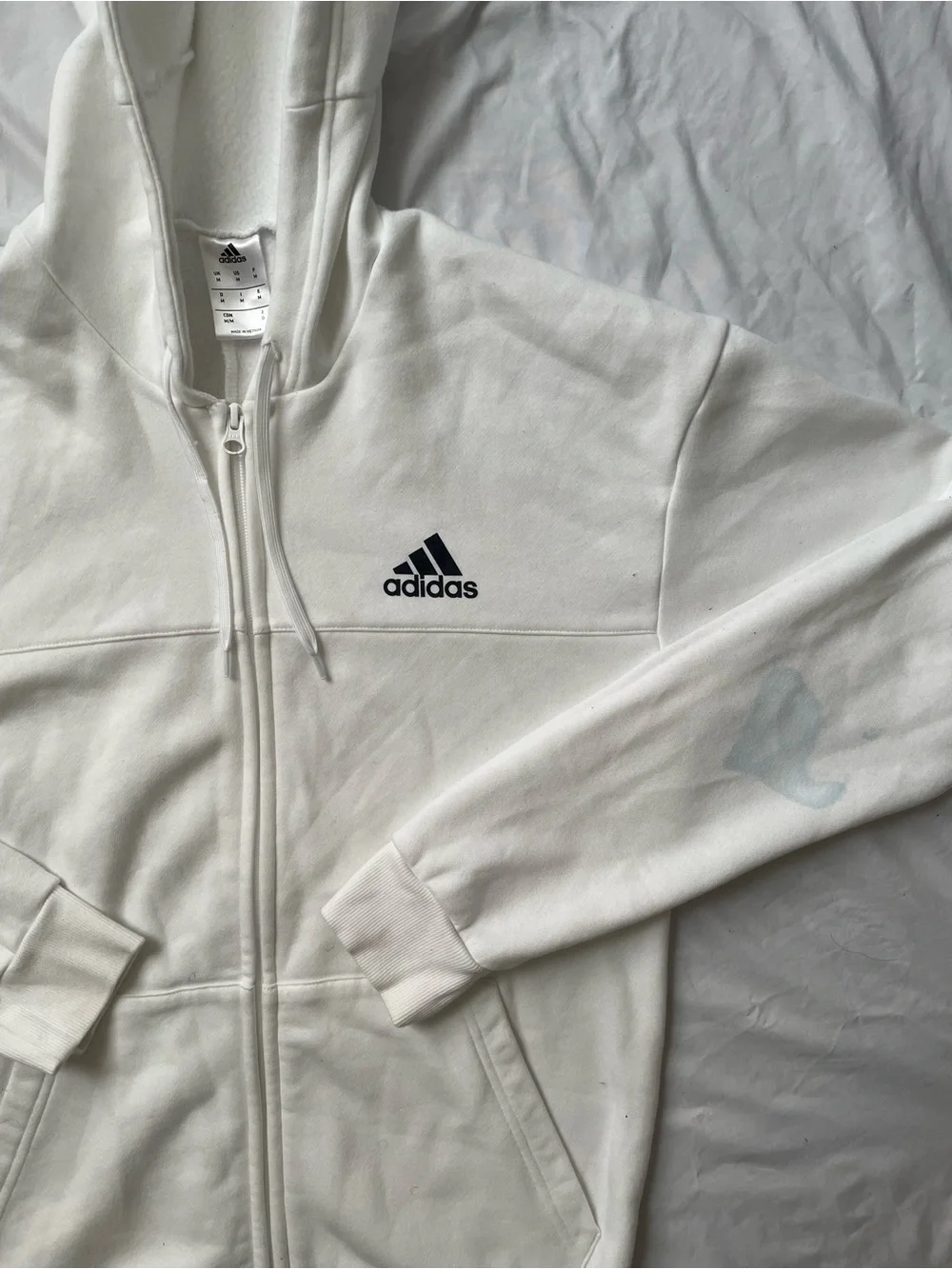 Adidas White Full-Zip Hooded Jacket with Black Logo small Blue Stain